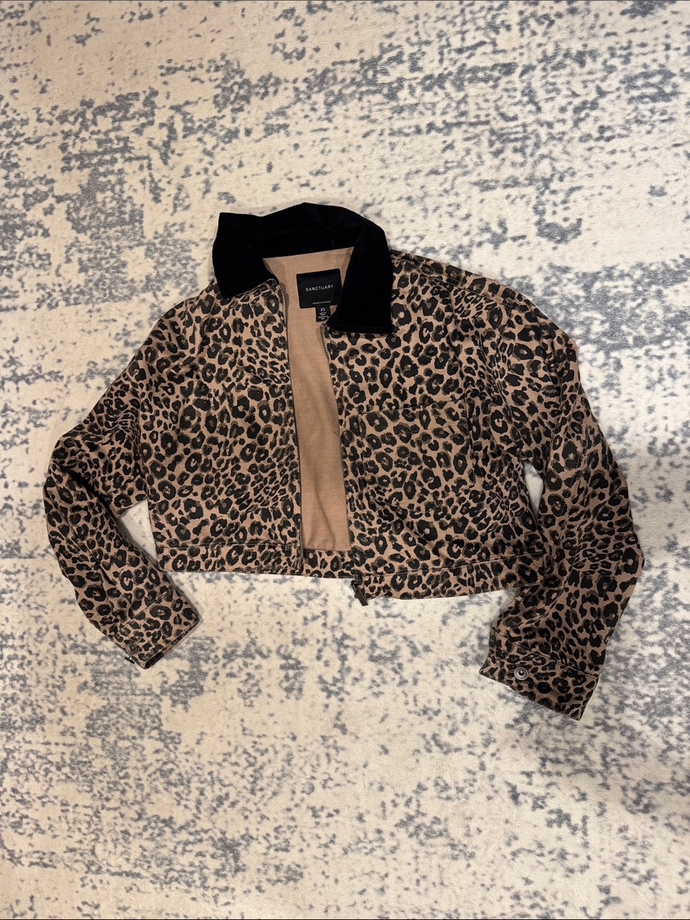 Sanctuary Leopard Print Cropped Jean Jacket with Black Collar